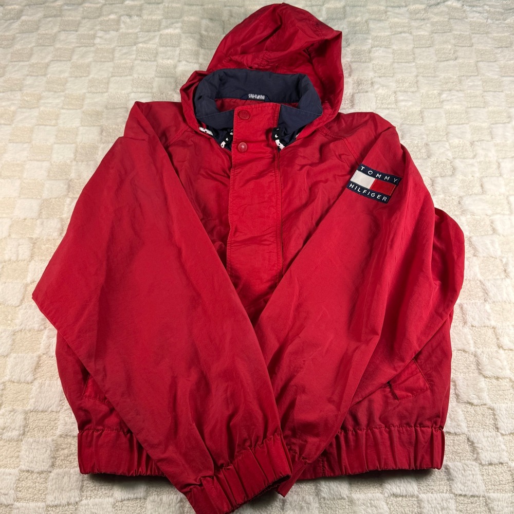Vintage Tommy Hilfiger Red Sailing Jacket Hooded Windbreaker Mens XL Flag Logo